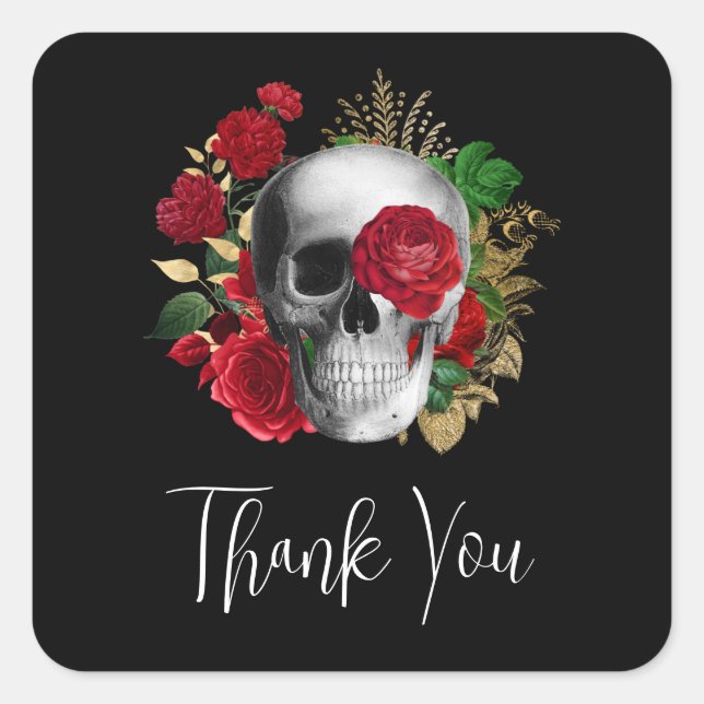 Goth Skull with Red Flowers Thank You Square Sticker (Front)
