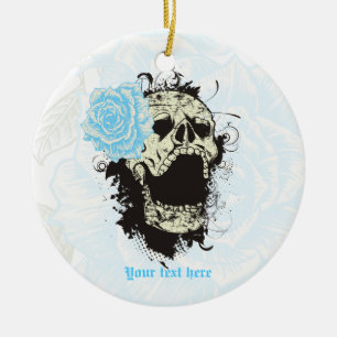 Goth skull with vintage blue rose  keepsake ceramic tree decoration