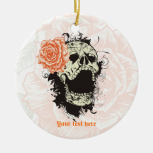 Goth skull with vintage orange rose  keepsake ceramic tree decoration