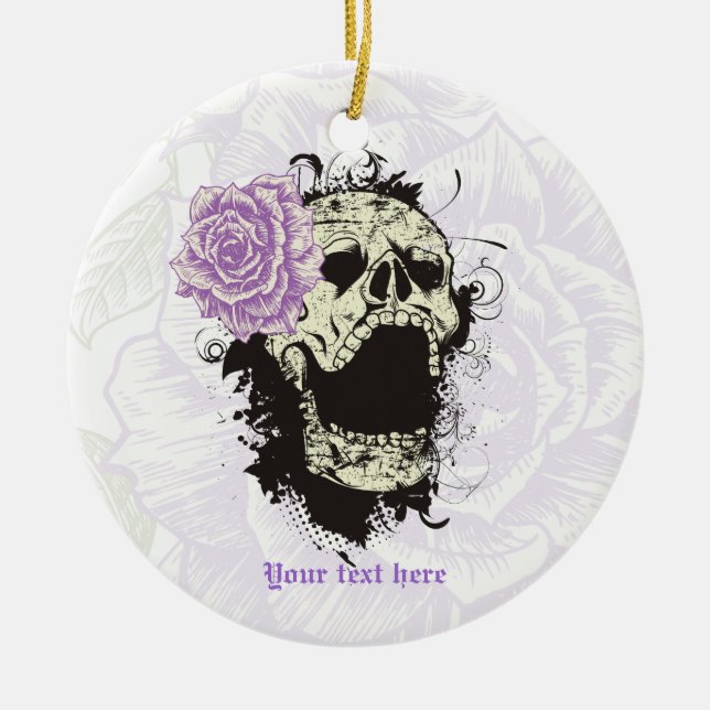 Goth skull with vintage purple rose  keepsake ceramic tree decoration (Front)