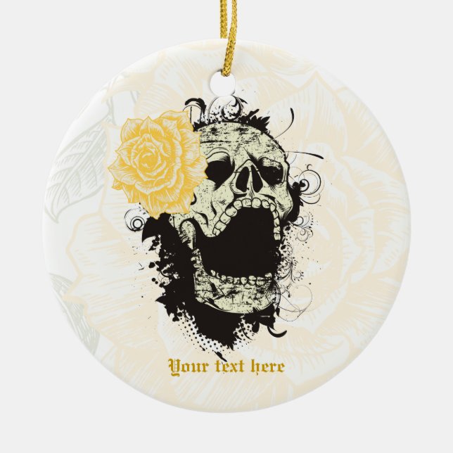 Goth skull with vintage yellow rose  keepsake ceramic tree decoration (Front)