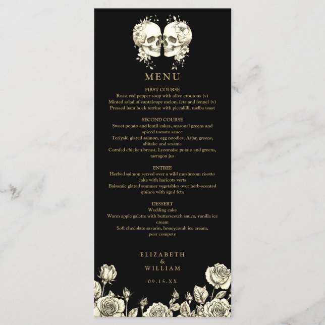 Goth Skulls Floral Black And Gold Gothic Wedding Menu (Front)