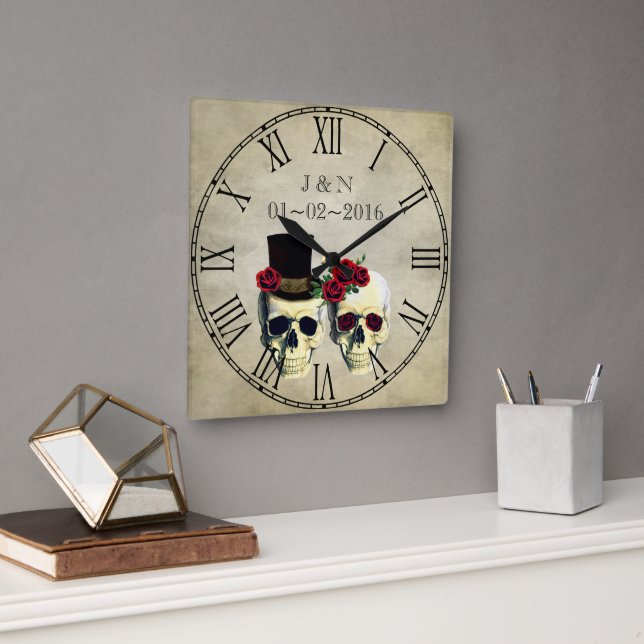 Goth Skulls Married Couple Custom Wedding Square Wall Clock (Office)