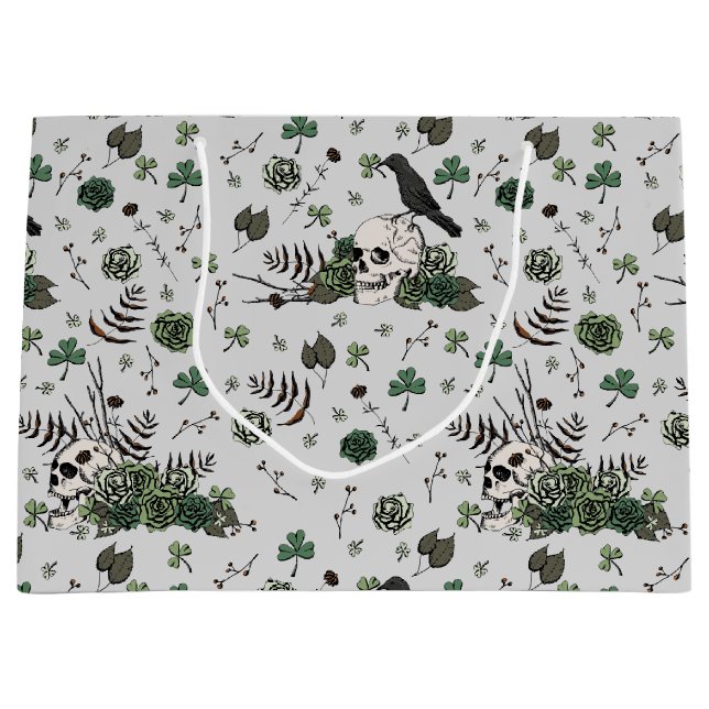 Goth St Patricks Day Floral Skulls Irish Wedding Large Gift Bag (Front)