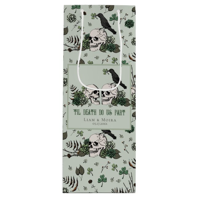 Goth St. Patricks Day Floral Skulls Irish Wedding Wine Gift Bag (Front)