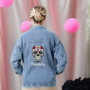 Goth Sugar Skull Day with Name and Roses Denim Jacket