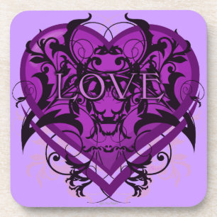 Goth Tribal Flourish Purple Heart with LOVE Coaster
