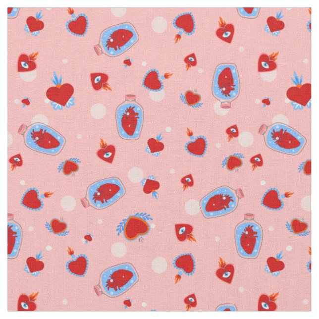 goth valentines pink sacred human hearts  fabric (Close Up)