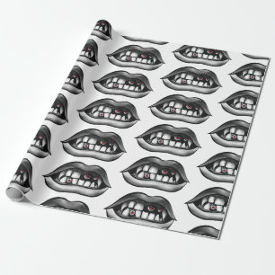 Goth Vampire Mouth With Fangs And Evil Creatures Wrapping Paper