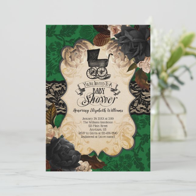 Goth Victorian Green Baby Shower Invitation (Standing Front)