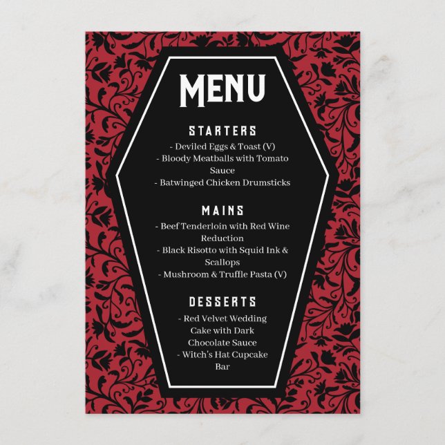 Goth Wedding Menu Coffins & Floral (Front)