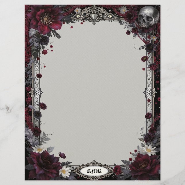 Goth with Red and White Flowers and Skull Custom Letterhead (Front)