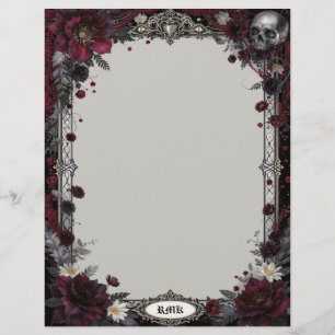 Goth with Red & White Flowers & Skull Stationery Custom Letterhead