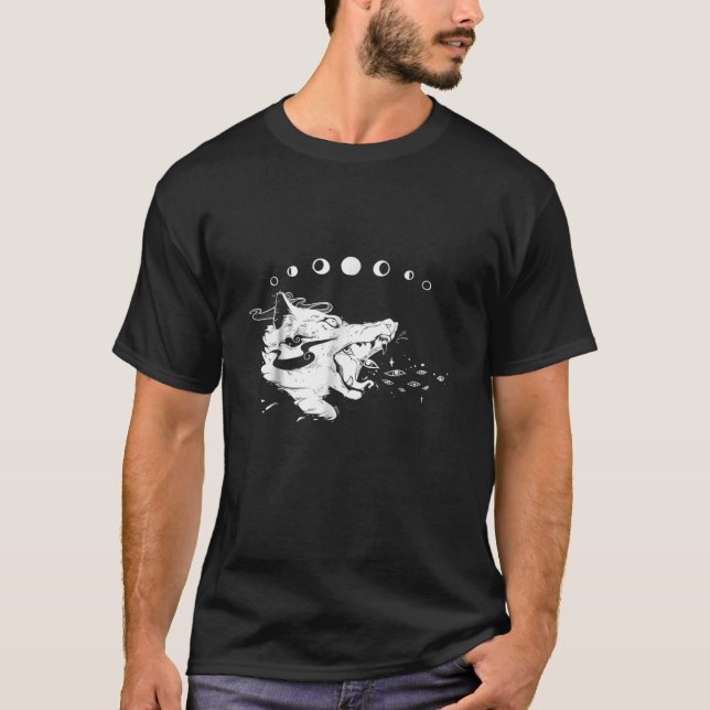 Goth Wolf With Moon Phases, Witch Artwork T-Shirt (Front)