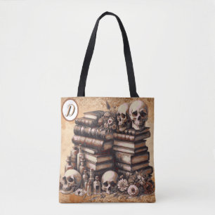 Gothic Academia Library of Skulls Monogram Tote Bag