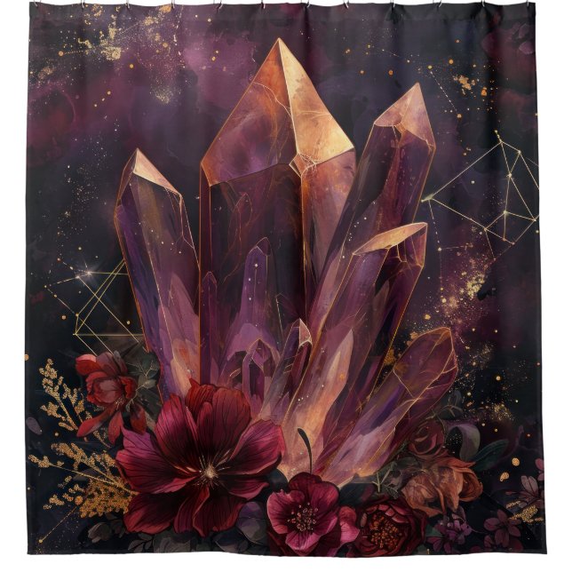 Gothic Amethyst Floral Galaxy Pattern Shower Curtain (Front)