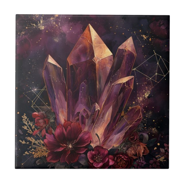 Gothic Amethyst Floral Galaxy Pattern Tile (Front)