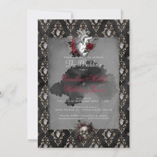 Gothic Anatomy Heart Black Rose Wedding Invitation (Front)