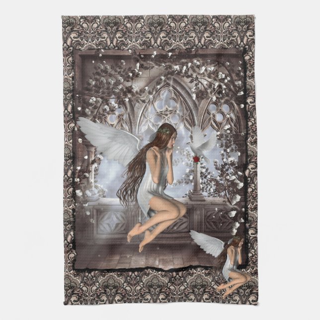 Gothic Angel and Her Dove Tea Towel (Vertical)