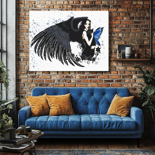 Gothic Angel Wings Black Cat Blue Fairy Canvas Print