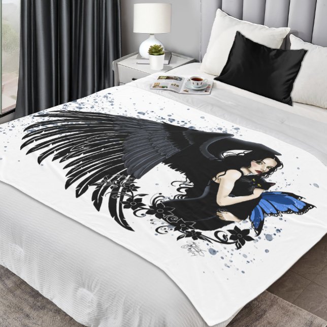 Gothic Angel Wings Black Cat Blue Fairy Fleece Blanket (Creator Uploaded)