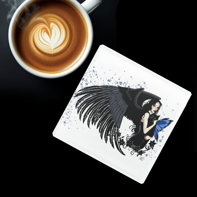 Gothic Angel Wings Black Cat Blue Fairy Glass Coaster (Creator Uploaded)