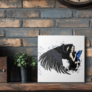 Gothic Angel Wings Black Cat Tile