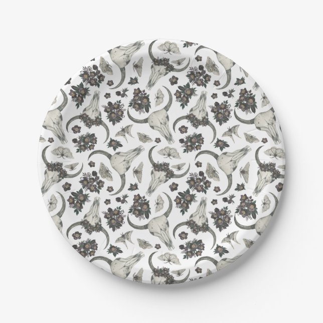 Gothic Animal Skull With Flowers Pattern Paper Plate (Front)