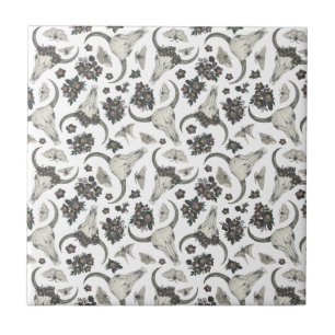 Gothic Animal Skull With Flowers Pattern Tile
