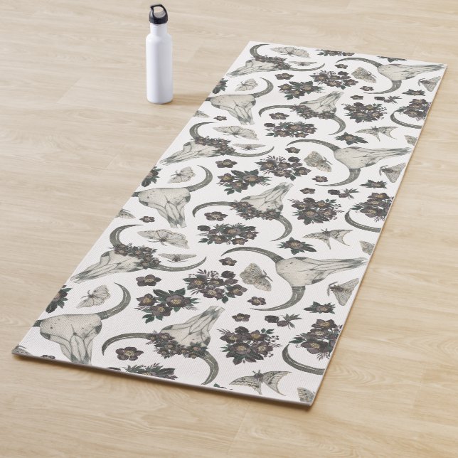 Gothic Animal Skull With Flowers Pattern Yoga Mat (In Situ)