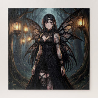 Gothic Anime Fairy Girl in Enchanted Forest Jigsaw Puzzle