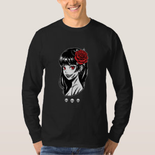 Gothic Anime Girl with Rose Red Eyes Spooky Horror T-Shirt