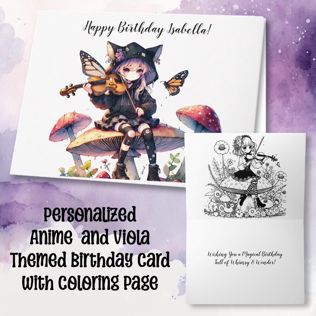 Gothic Anime Girl with Viola on Mushroom Birthday Card (Creator Uploaded)