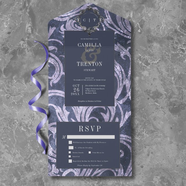 Gothic Antique Purple Damask Dinner Wedding All In One Invitation (Gothic Antique Purple Damask Dinner Wedding All In One Invitation)