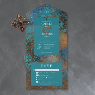 Gothic Antique Teal Gold Damask Dinner Wedding All In One Invitation