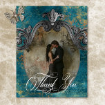 Gothic Antique Teal Gold Damask Photo Wedding Thank You Card<br><div class="desc">Step into the realm of dark romance with our captivating gothic wedding thank you card, where vintage elegance meets bewitching allure. The antique gold, rust, teal, turquoise and brown damask background sets a mesmerising tone, enveloping you in a world of mysterious charm. Dark teal text boxes exude sophistication and style,...</div>