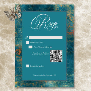 Gothic Antique Teal Gold Damask QR Code Wedding RSVP Card