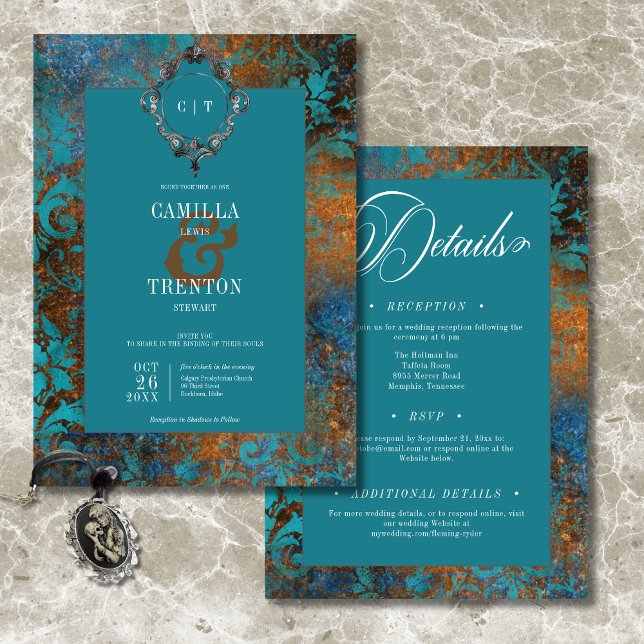 Gothic Antique Teal Gold Damask Two Sided Wedding Invitation (Gothic Antique Teal Gold Damask Two Sided Wedding Invitation)