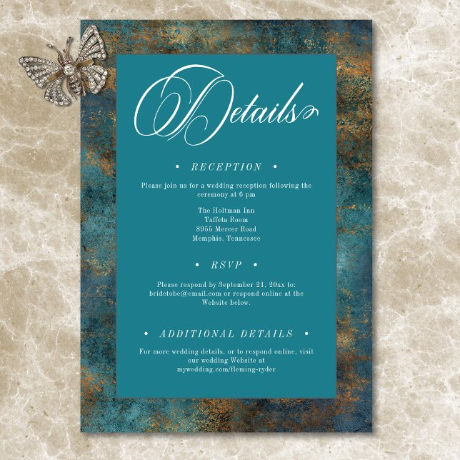 Gothic Antique Teal Gold Damask Wedding Details Enclosure Card (Gothic Antique Teal Gold Damask Wedding Details Enclosure Card)