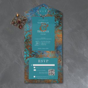 Gothic Antique Teal Gold Damask Wedding QR Code All In One Invitation