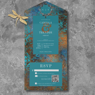 Gothic Antique Teal Gold Damask Wedding QR Code All In One Invitation