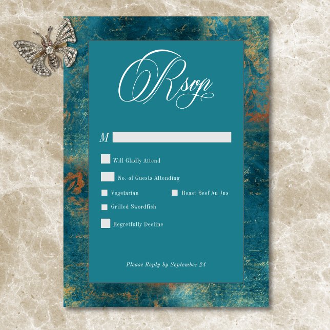 Gothic Antique Teal Gold Damask Wedding RSVP Card (Gothic Antique Teal Gold Damask Wedding RSVP Card)
