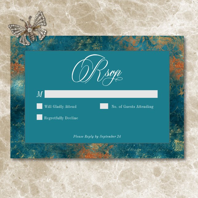 Gothic Antique Teal Gold Damask Wedding RSVP Card (Gothic Antique Teal Gold Damask Wedding RSVP Card)