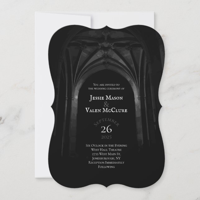 Gothic Arch Elegant Wedding Dark Black & White Invitation (Front)