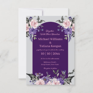 Gothic Arch Purple & Pink Rose Halloween Wedding Invitation