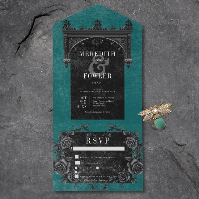 Gothic Arch Raven & Black Roses Teal Dinner All In One Invitation (Gothic Arch Raven & Black Roses Teal Dinner All In One Invitation)