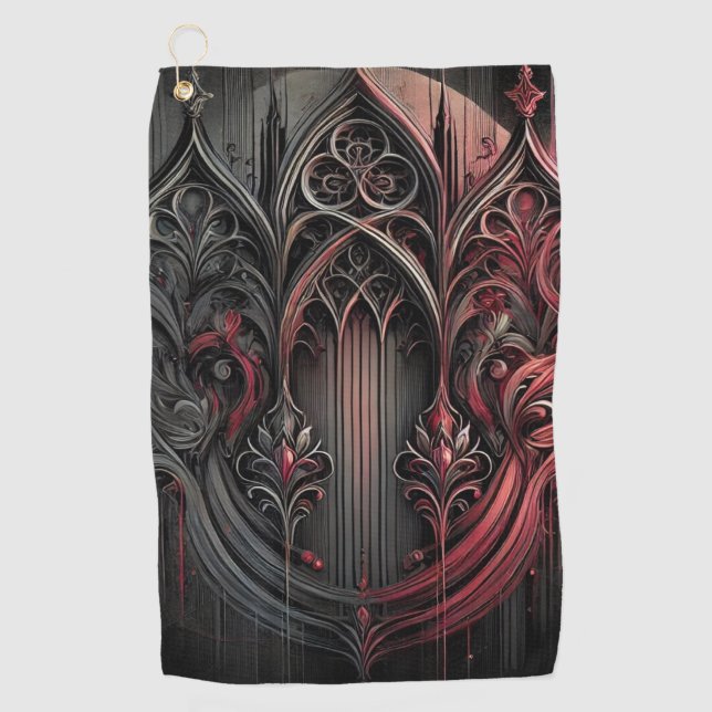 Gothic Arched Design Golf Towel – Red and Black El (Front)
