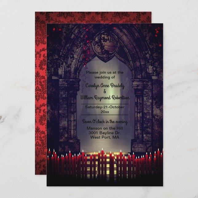 Gothic Archway with Red Candles Wedding Invitation (Front/Back)