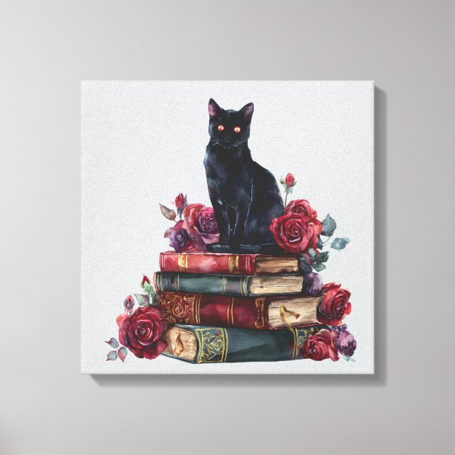 Gothic Art Black Cat Antique Books Crimson Roses Canvas Print (Front)