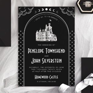 Gothic Art Deco Black White Castle Wedding Invitation